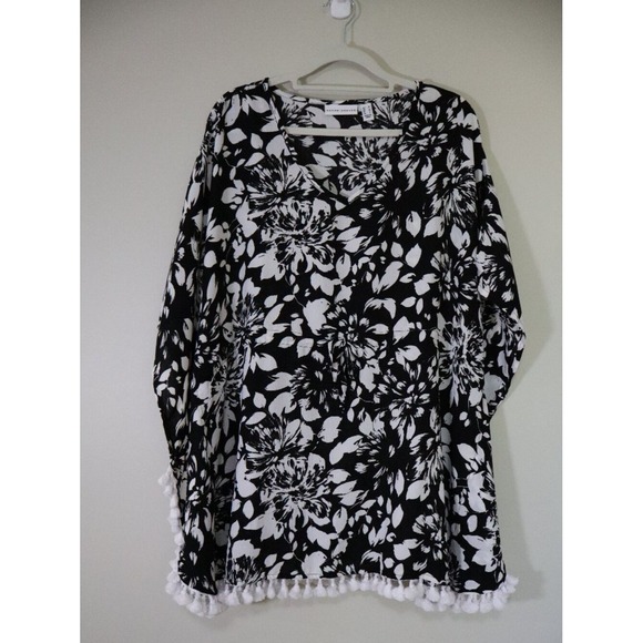 Susan Graver Other - Boho Floral Beachwear Susan Graver Swim Cover Up M Black White Tassel Trim